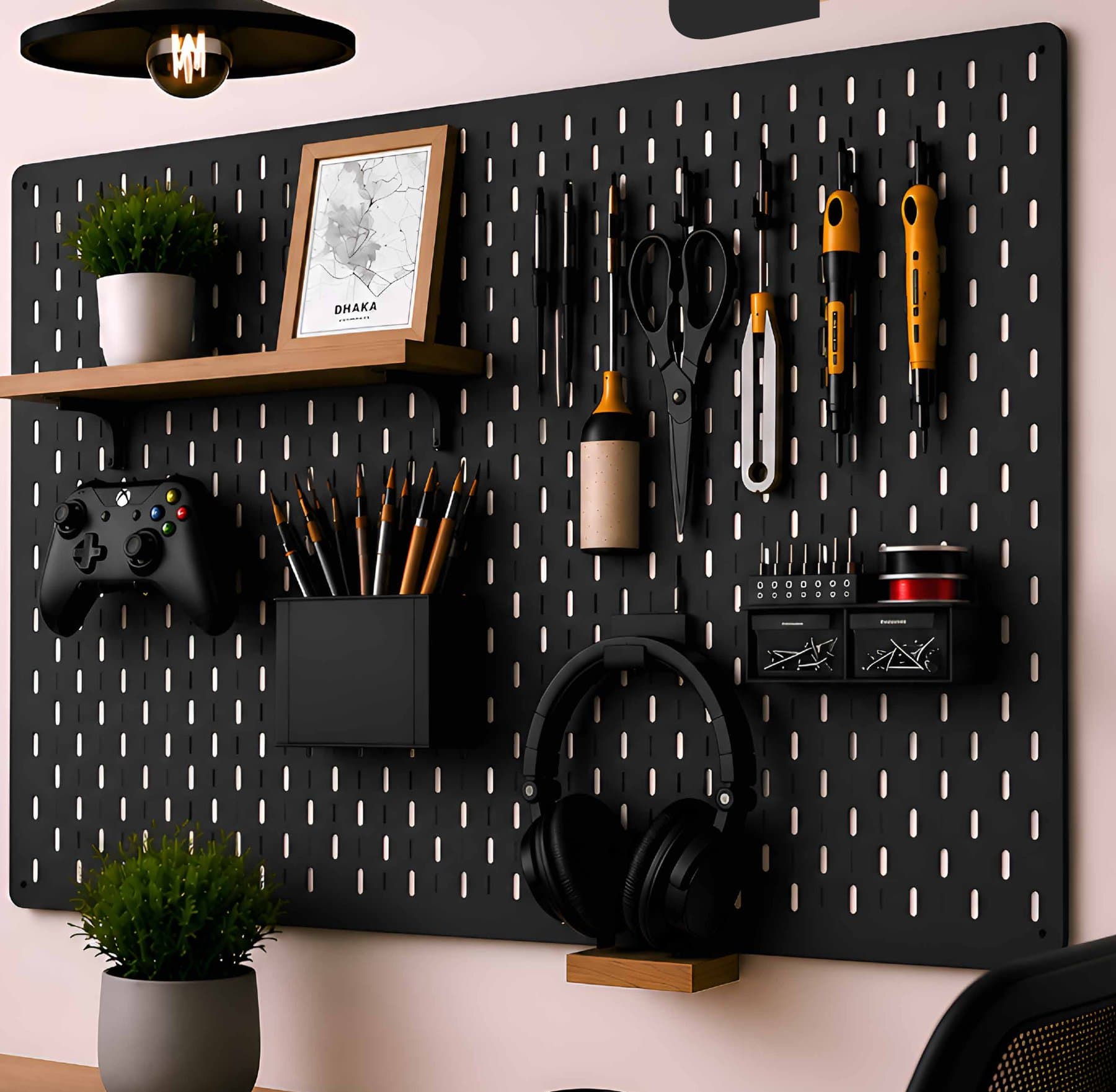Black PegBoard BD board with a shelf, headphones, tools and a controller mounted on it