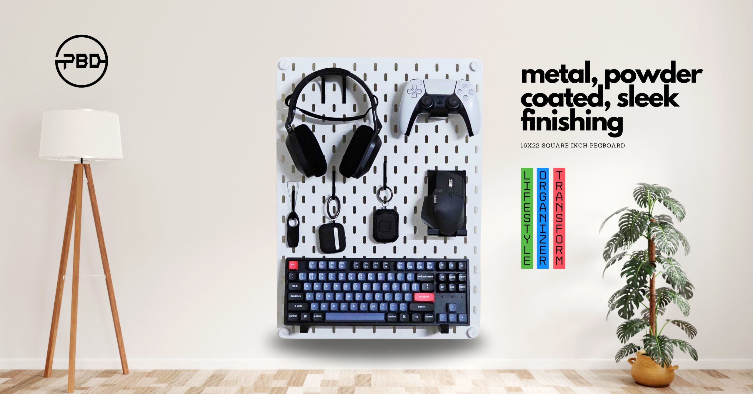 A minimalist workspace featuring a white and gray PegBoard with 16x22-inch dimensions, decorated with organizational tools and decor elements.